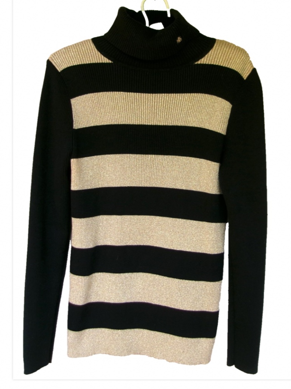 Lauren Ralph Lauren Black & Gold Metallic Striped Ribbed Turtleneck Sweater